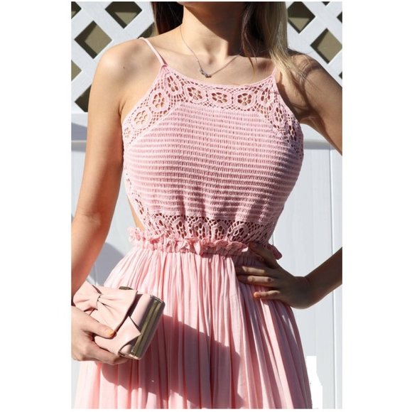 Boho Light Pink Crochet Knit Open Back Maxi Dress - Picture 2 of 6